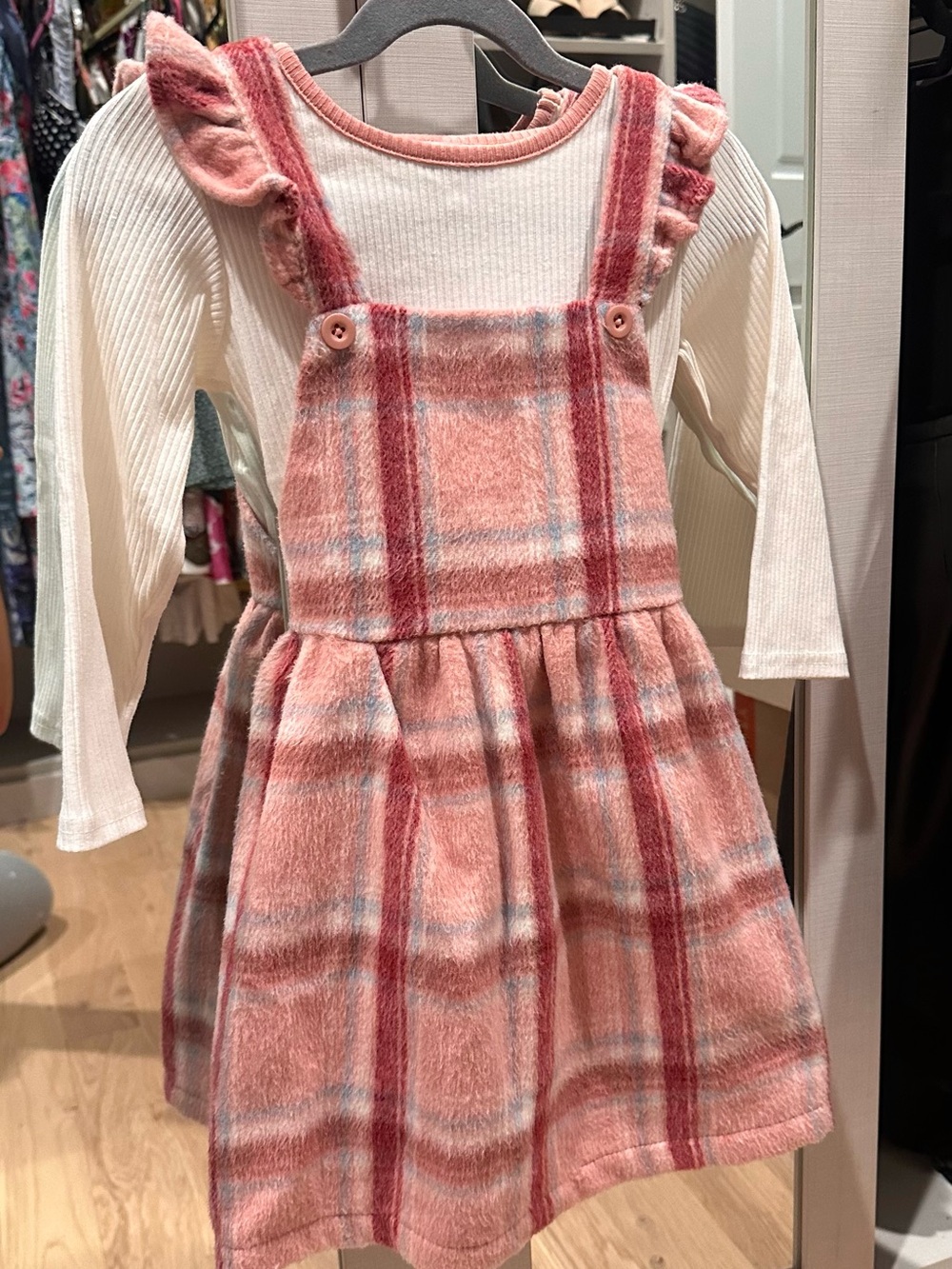Blueberi Boulevard Pink Plaid Pinafore Fleece Dress with Ivory Top